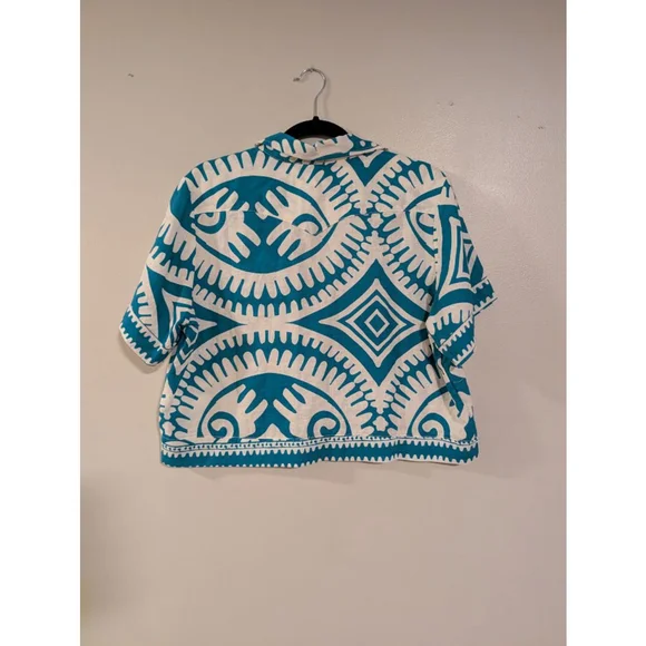 Women's Haute Hippie Button Down Shirt M White Teal Linen Blend - Picture 5 of 5